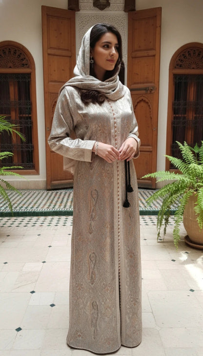 Woman wearing a long, silver Moroccan vintage brocade kaftan dress with intricate patterns in an indoor setting.