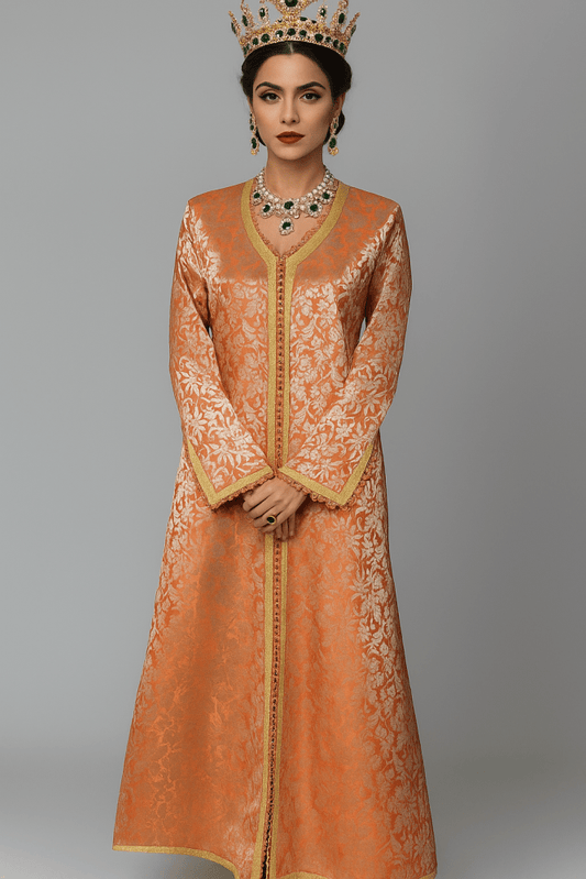 Vintage Metallic Orange and Gold Brocade Moroccan Caftan - Heritage Handmade