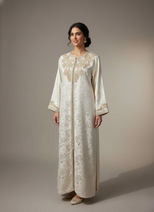 Woman wearing ivory metallic moroccan vintage kaftan beaded with embroidery 