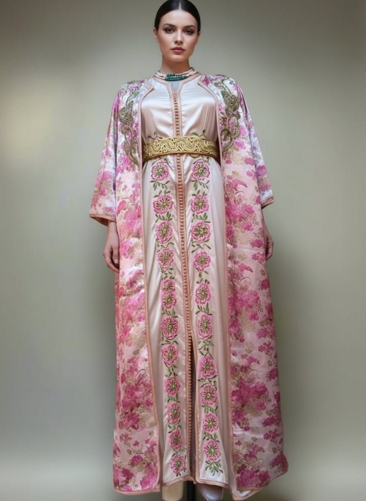 woman wearing brocade kaftan vintage with silk under kaftan 