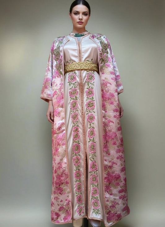 woman wearing brocade kaftan vintage with silk under kaftan 