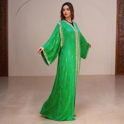 model wearing long green kaftan vintage 