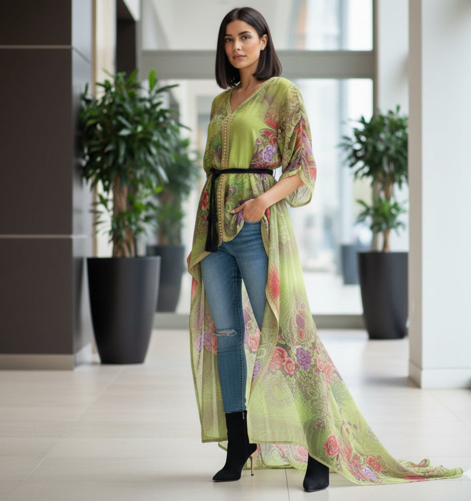 Woman wearing a long, light green floral moroccan kaftan dress in an indoor setting with plants.