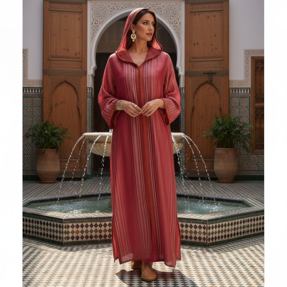Woman in a long djellaba dress standing in front of a fountain with decorative tiles and arches.