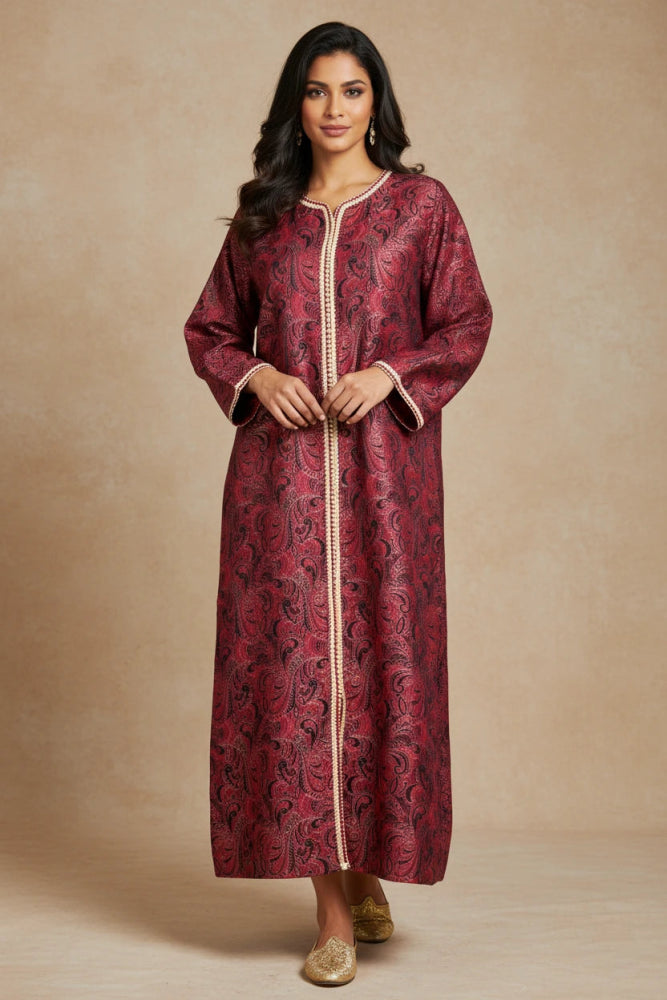 Model wearing vintage dark red and gold Moroccan kaftan 