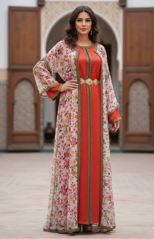 Woman wearing a floral moroccan kaftan dress with a orange accent in an architectural setting
