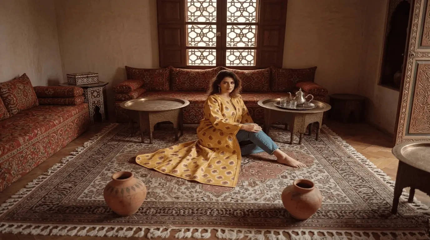 Woman in a yellow dress sitting on a patterned rug in a traditional room.